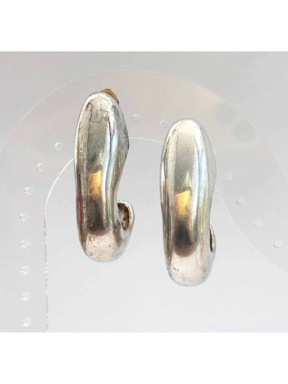 Chunky Silver Toned Open Hoop Hollow Modernist Clip On Style Earrings